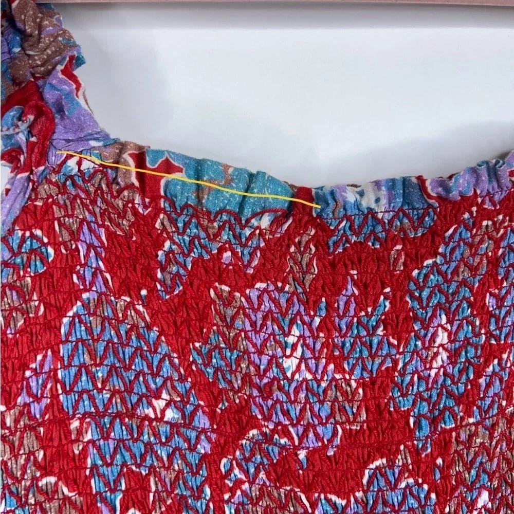 Love the Label Red Blue Floral Midi Dress Square Neck Smocked Tiered Cotton - Picture 11 of 11